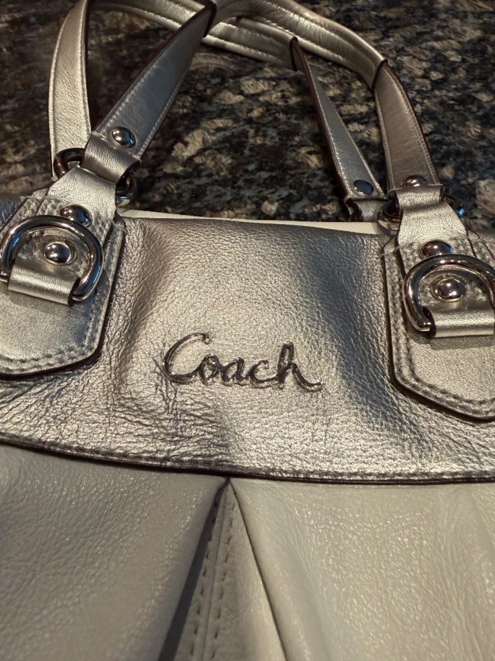 White and Silver Ashley Coach Bag/Tote